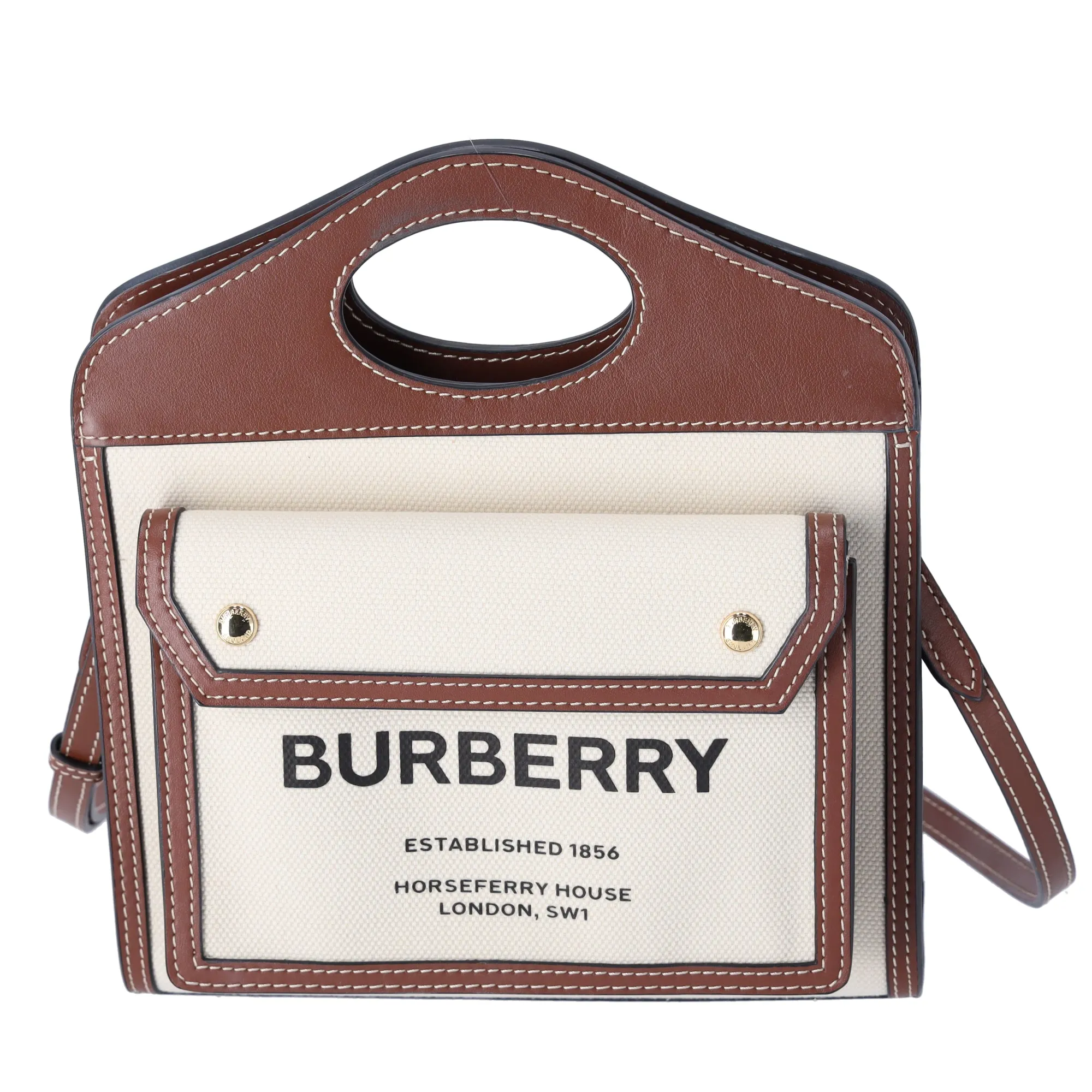 Burberry Mini Pocket Bag Tote Bag Cream Dark Brown Canvas Leather sold by Gaby's Bags