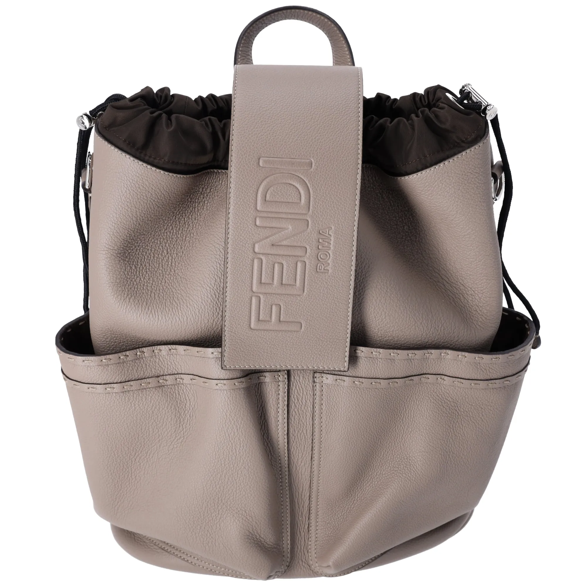 FENDI Strike Medium Backpack 7VZ070 Gray Beige Full Grain Leather sold by Gaby's Bags
