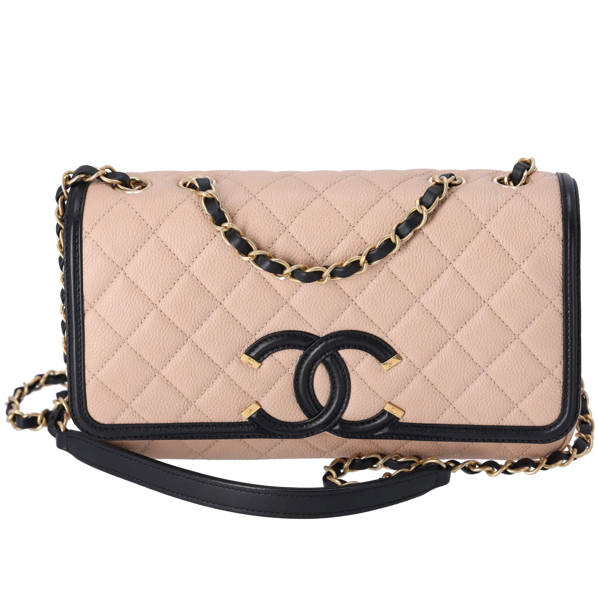 CHANEL CC Filigree Matelass Flap Bag A93341 Beige Black Calfskin sold by Gaby's Bags