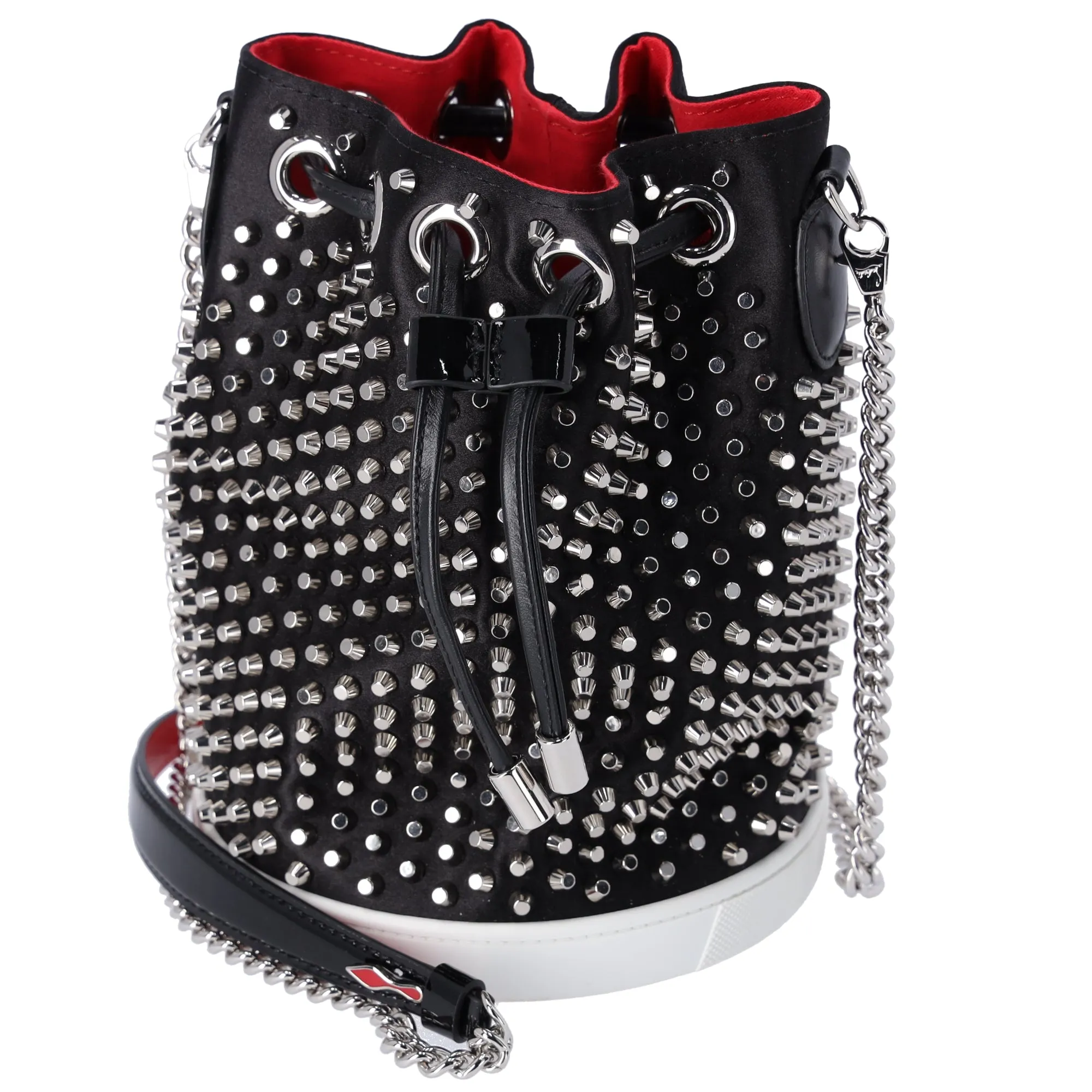 Christian Louboutin Marie Jane Bucket Shoulder Bag Black Silver Red Satin sold by Gaby's Bags