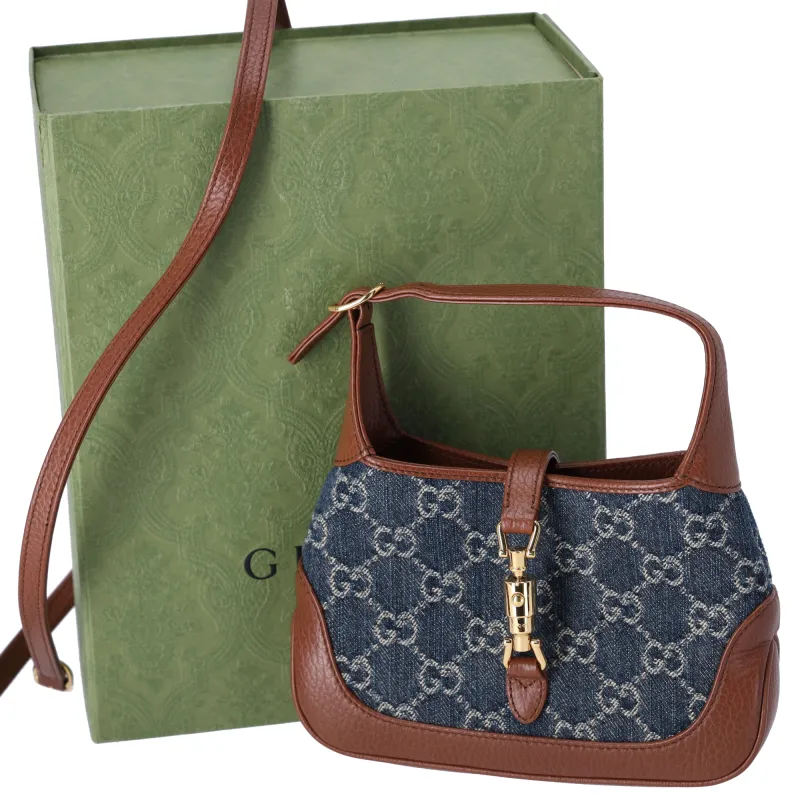 GUCCI Jackie 1961 Shoulder Bag 637092 Blue Dark Brown Denim Jacquard sold by Gaby's Bags