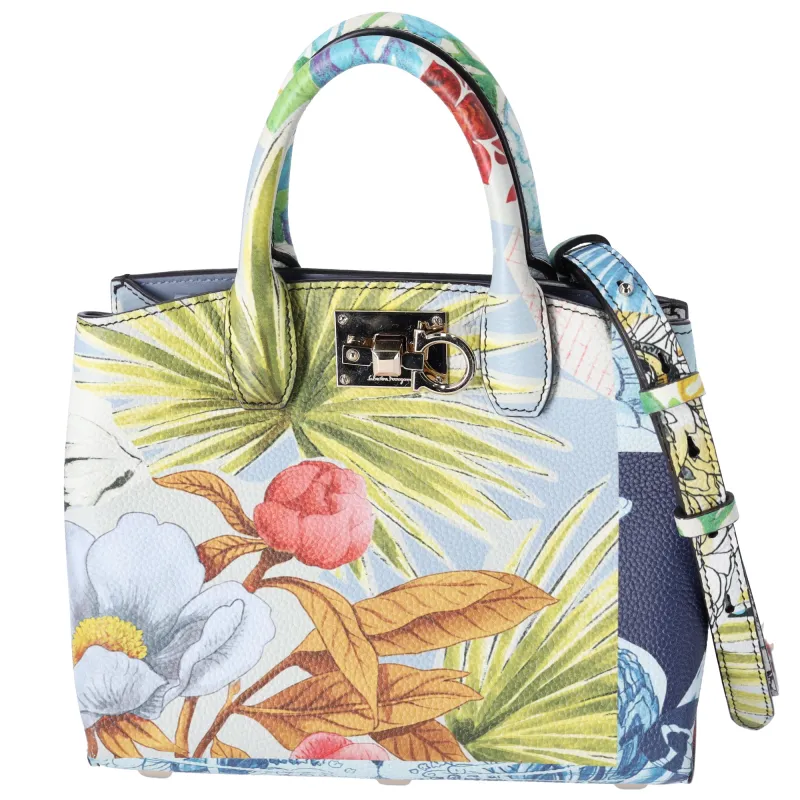 Salvatore Ferragamo Gancini Handbag Floral Light Blue Green Multi made by Salvatore Ferragamo