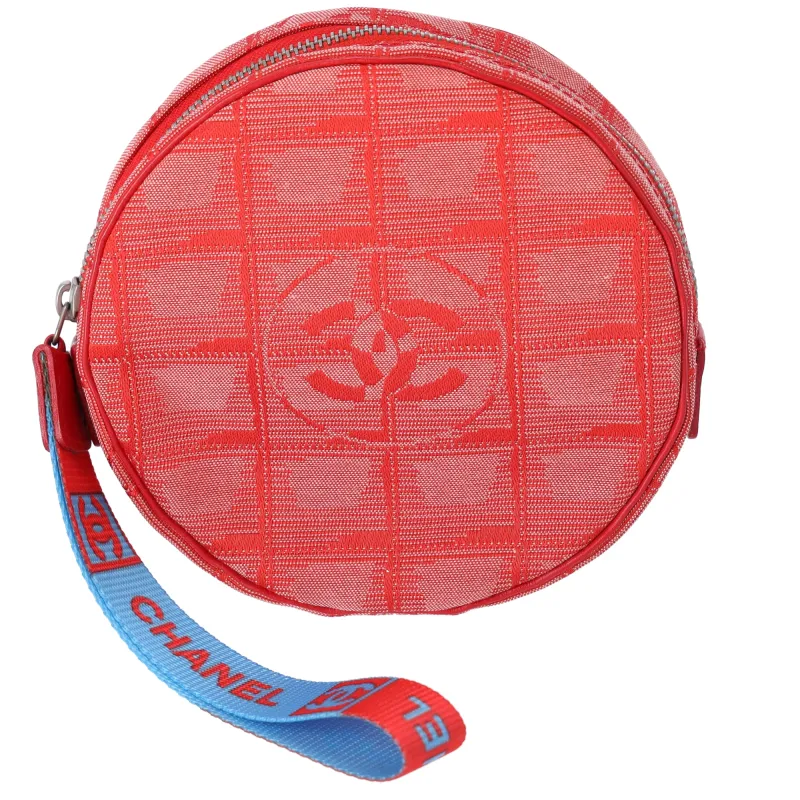 CHANEL New Travel Line Pouch Red Light Blue Nylon Jacquard Leather sold by Gaby's Bags