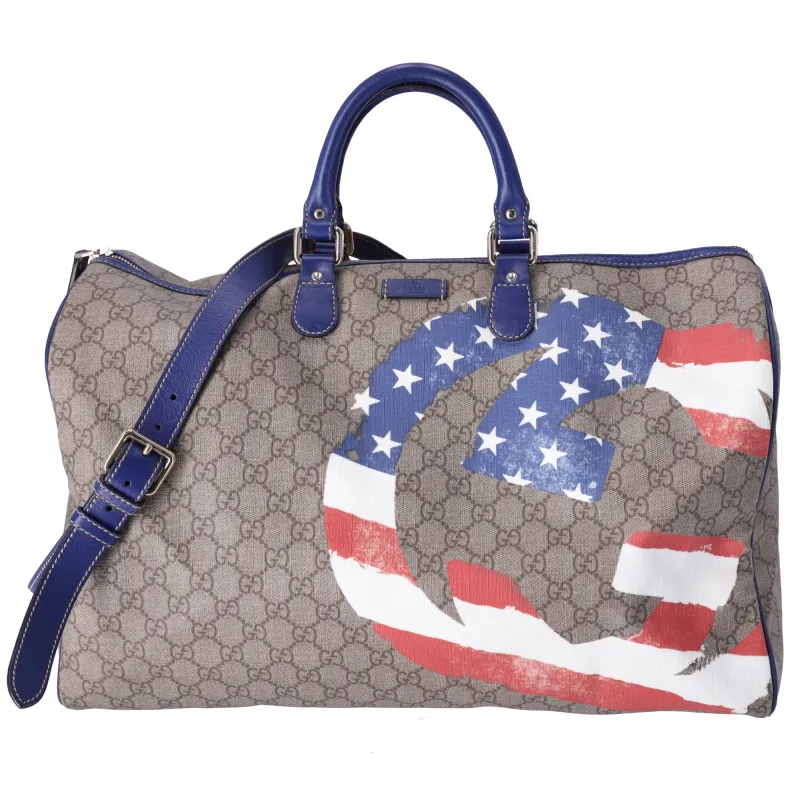 Gucci GG Plus Monogram Large Boston USA Flag Unicef Duffle Blue sold by Gaby's Bags