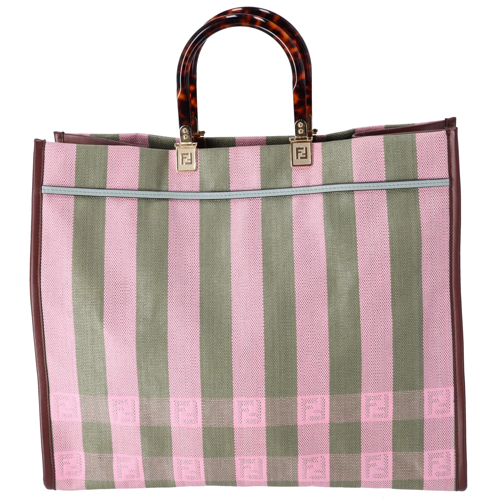 FENDI Sunshine Shopper Tote Bag Light Pink Khaki Stipe Straw Leather sold by Gaby's Bags