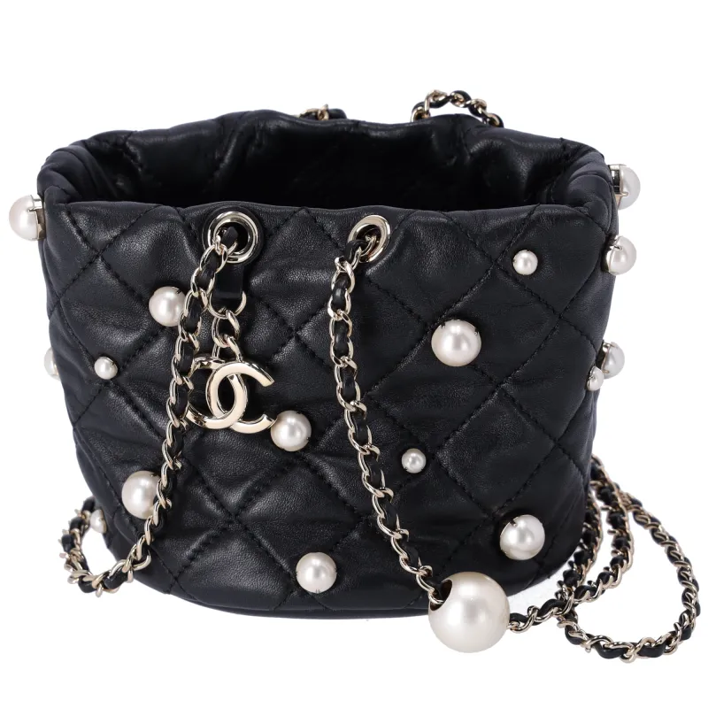CHANEL About Pearls Drawstring Mini Bucket Bag Black Lambskin sold by Gaby's Bags