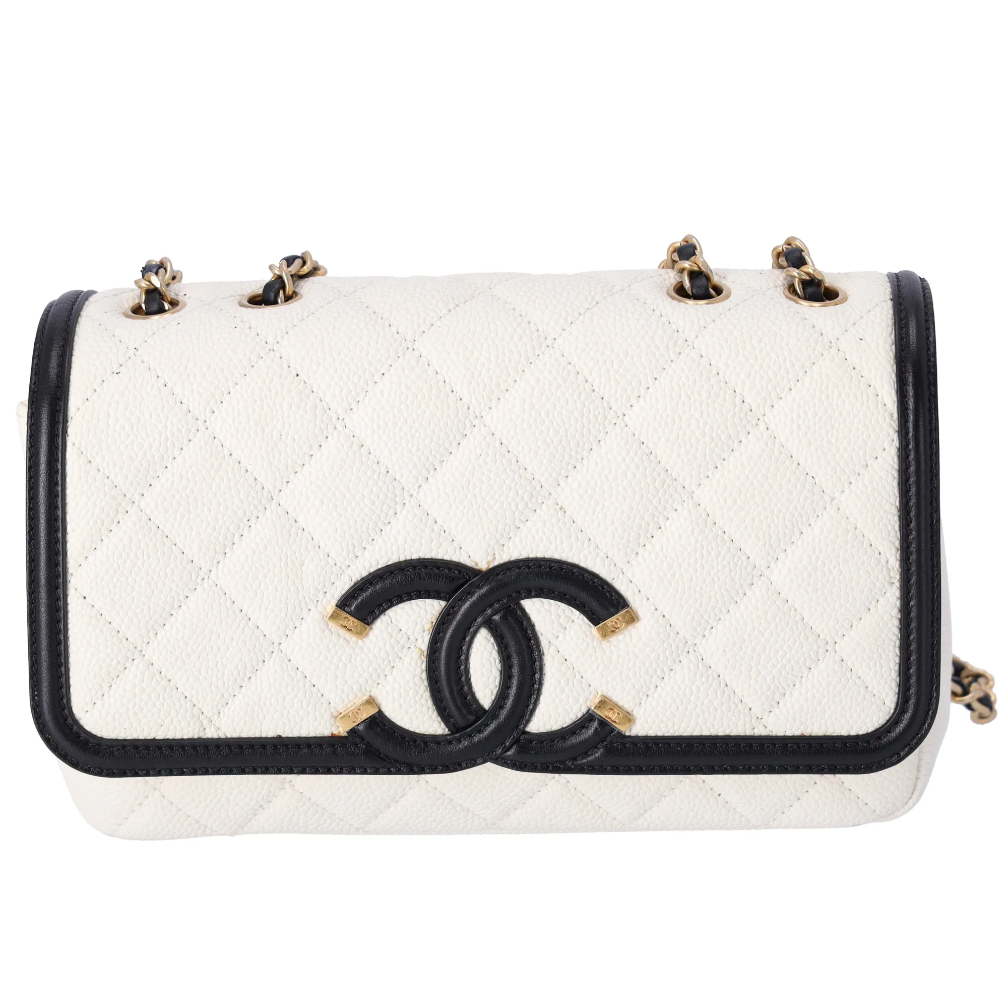 CHANEL CC Filigree Matelasse Shoulder Bag A93340 Cream Black Calfskin sold by Gaby's Bags