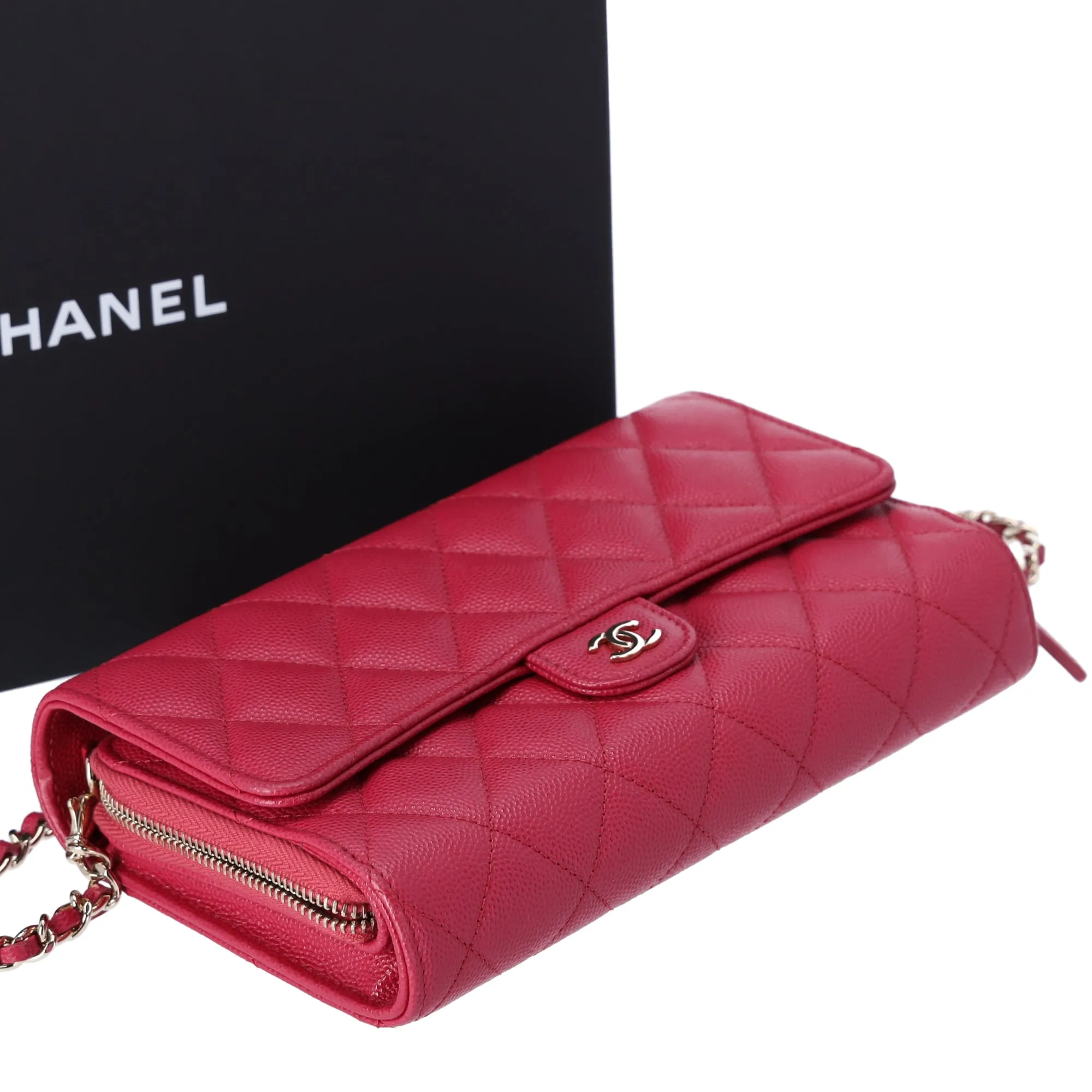 CHANEL Matelasse Zippy Wallet WOC Crossbody Dark Pink Grained Calfskin sold by Gaby's Bags product image thumbnail 4