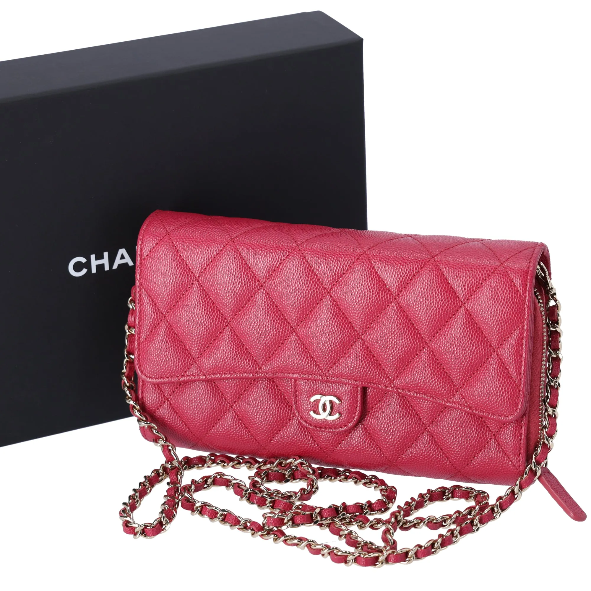 CHANEL Matelasse Zippy Wallet WOC Crossbody Dark Pink Grained Calfskin sold by Gaby's Bags