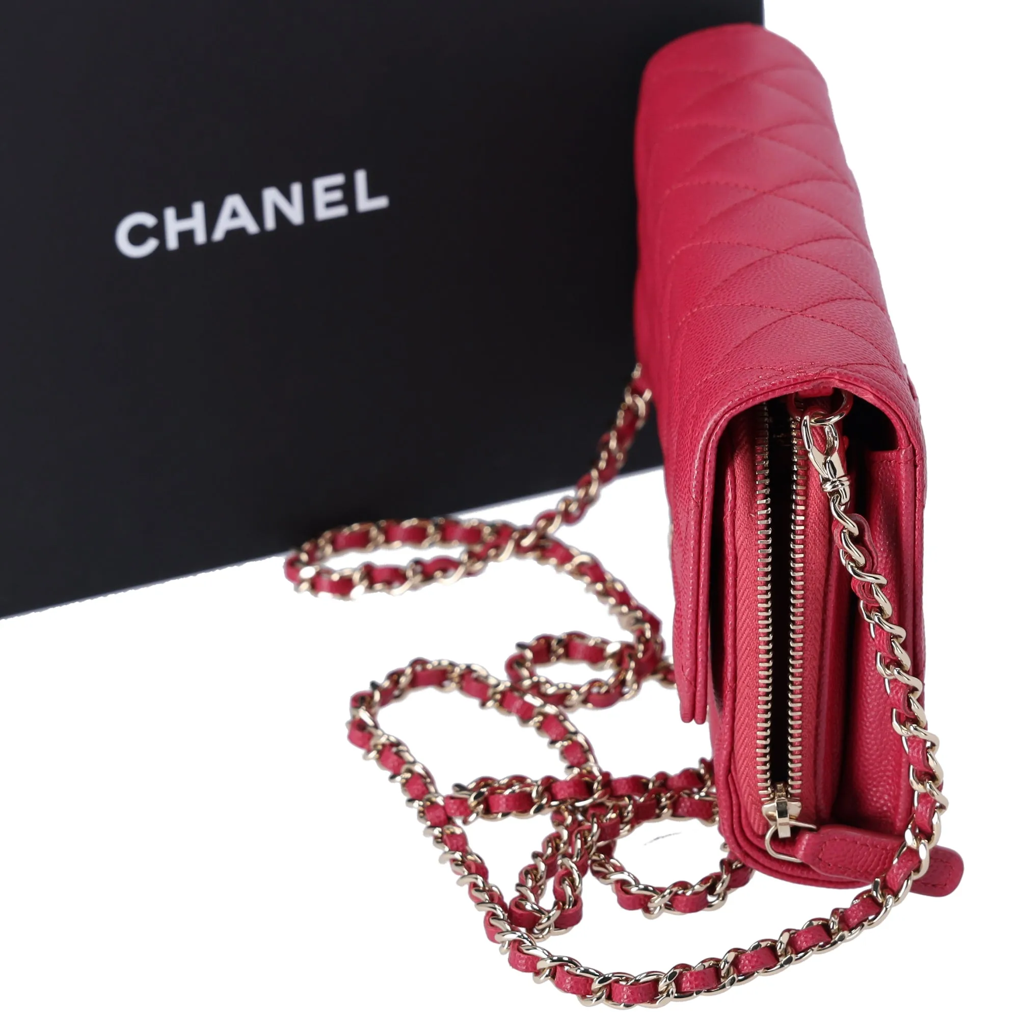 CHANEL Matelasse Zippy Wallet WOC Crossbody Dark Pink Grained Calfskin sold by Gaby's Bags product image thumbnail 2
