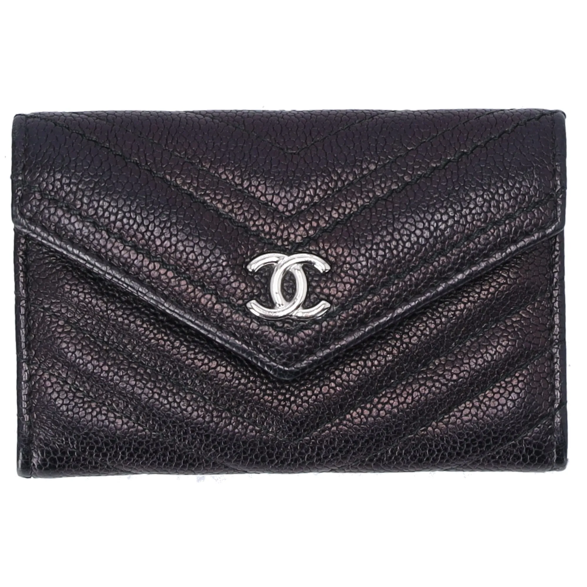 CHANEL Chevron V Stitch Card Case Wallet Black Calfskin Leather sold by Gaby's Bags