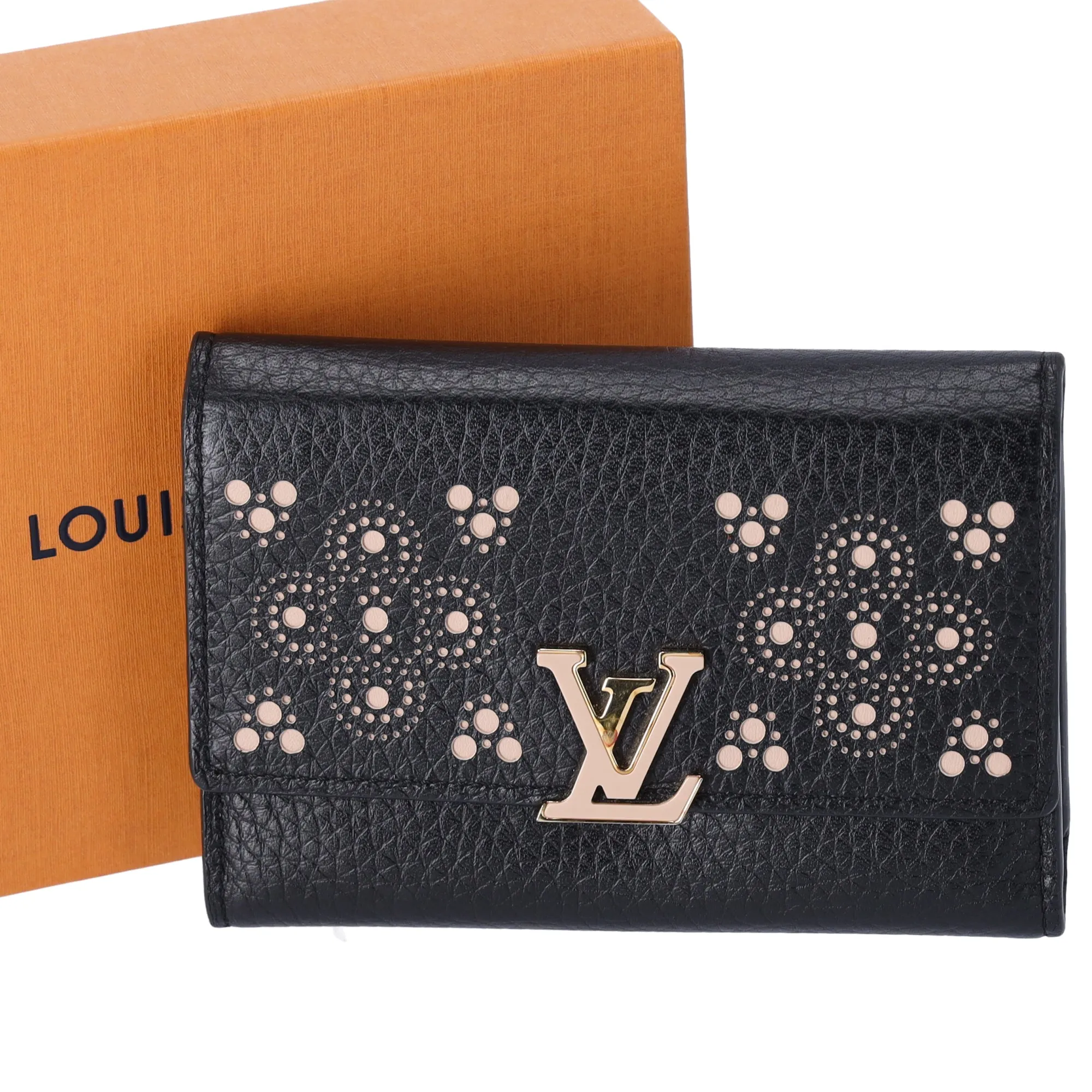 Louis Vuitton Capucines Compact Trifold Wallet Taurillon Perforated Black sold by Gaby's Bags