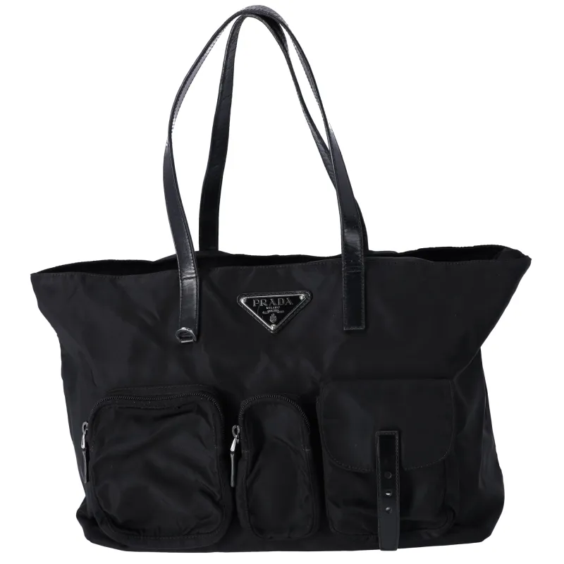 PRADA Triangle Logo Nylon Tote Black Leather sold by Gaby's Bags