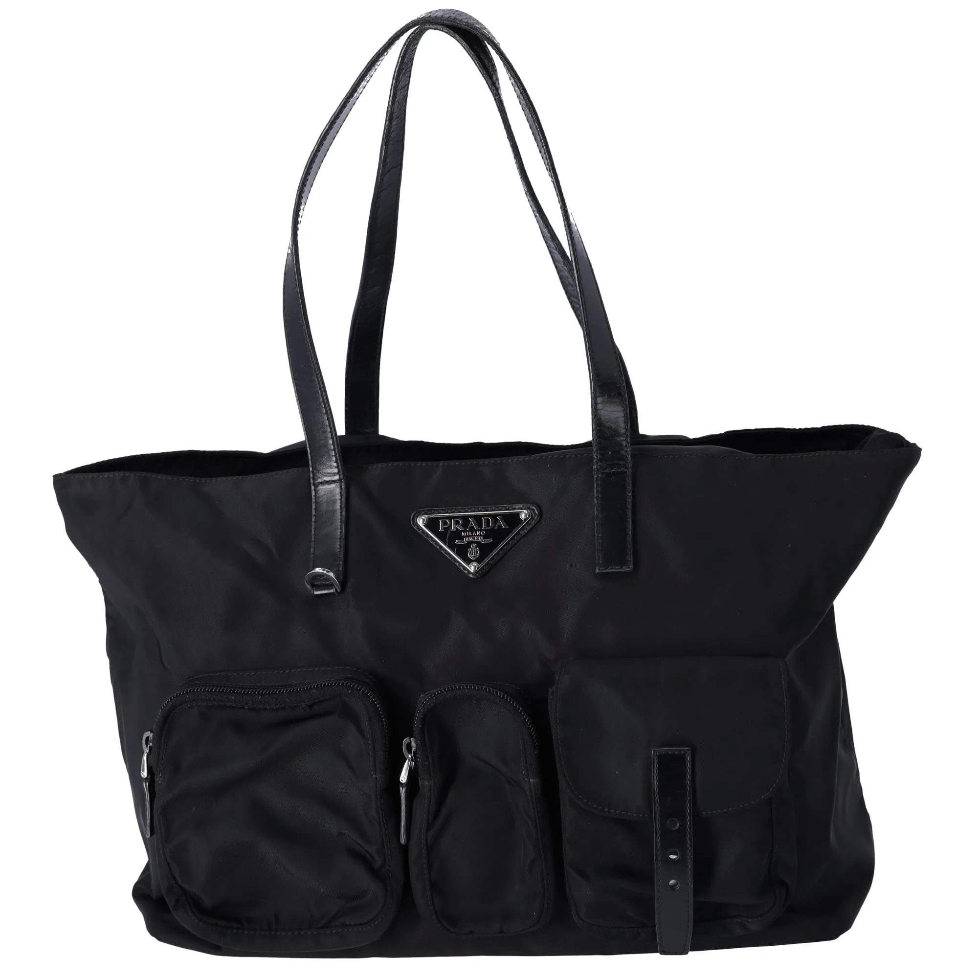 PRADA Triangle Logo Nylon Tote Black Leather sold by Gaby's Bags