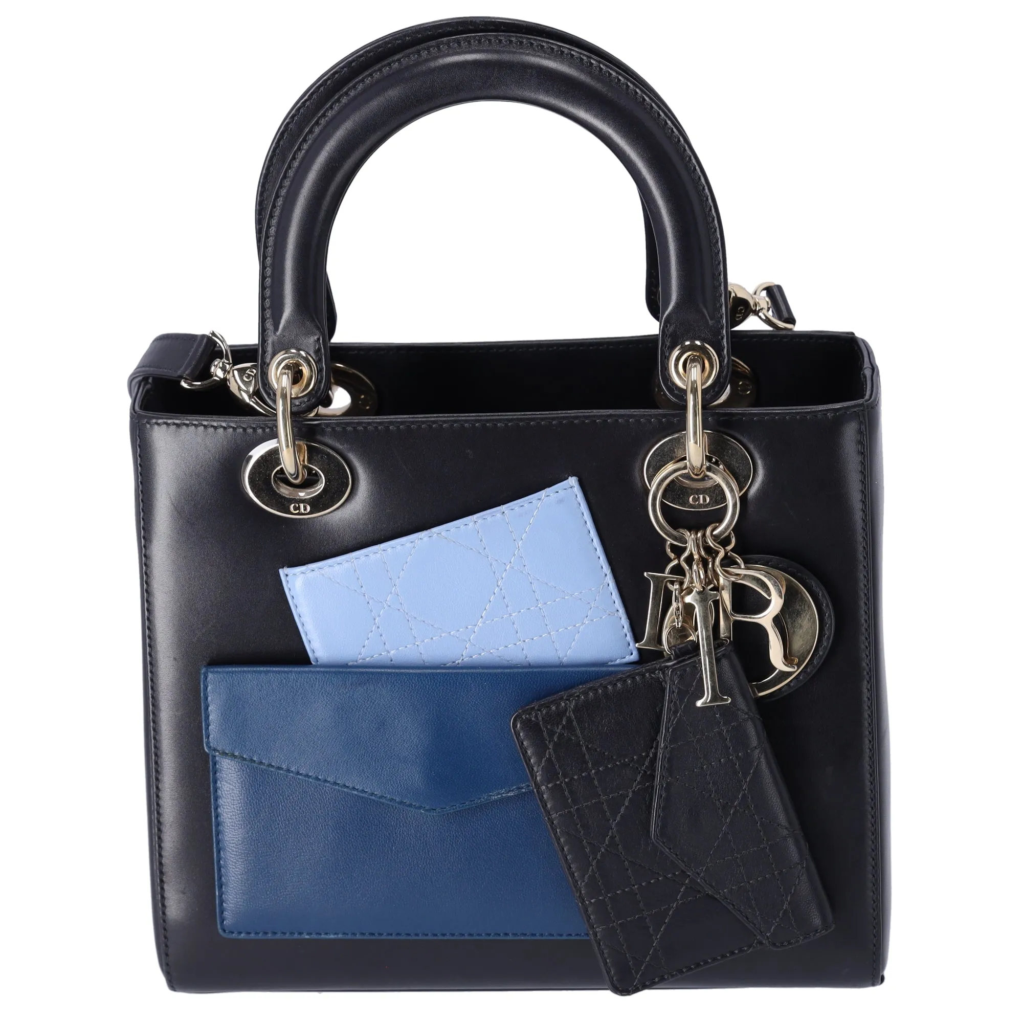 Christian Dior Lady Dior Medium Bag Handbag Black Blue Calf Skin sold by Gaby's Bags