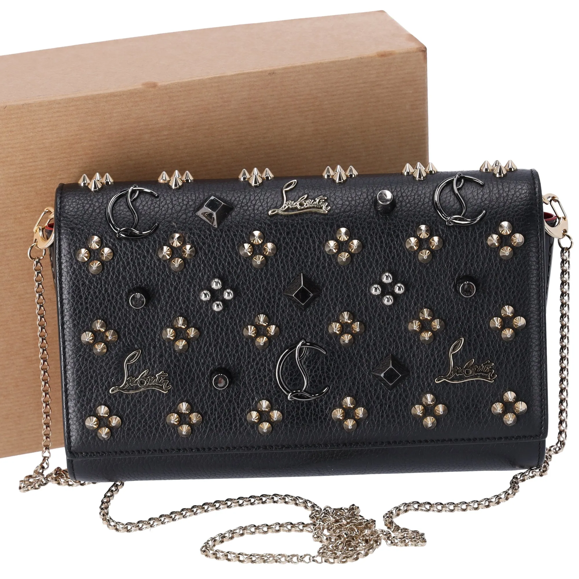 Christian Louboutin Paloma Clutch Crossbody Bag Black Leather Studded sold by Gaby's Bags