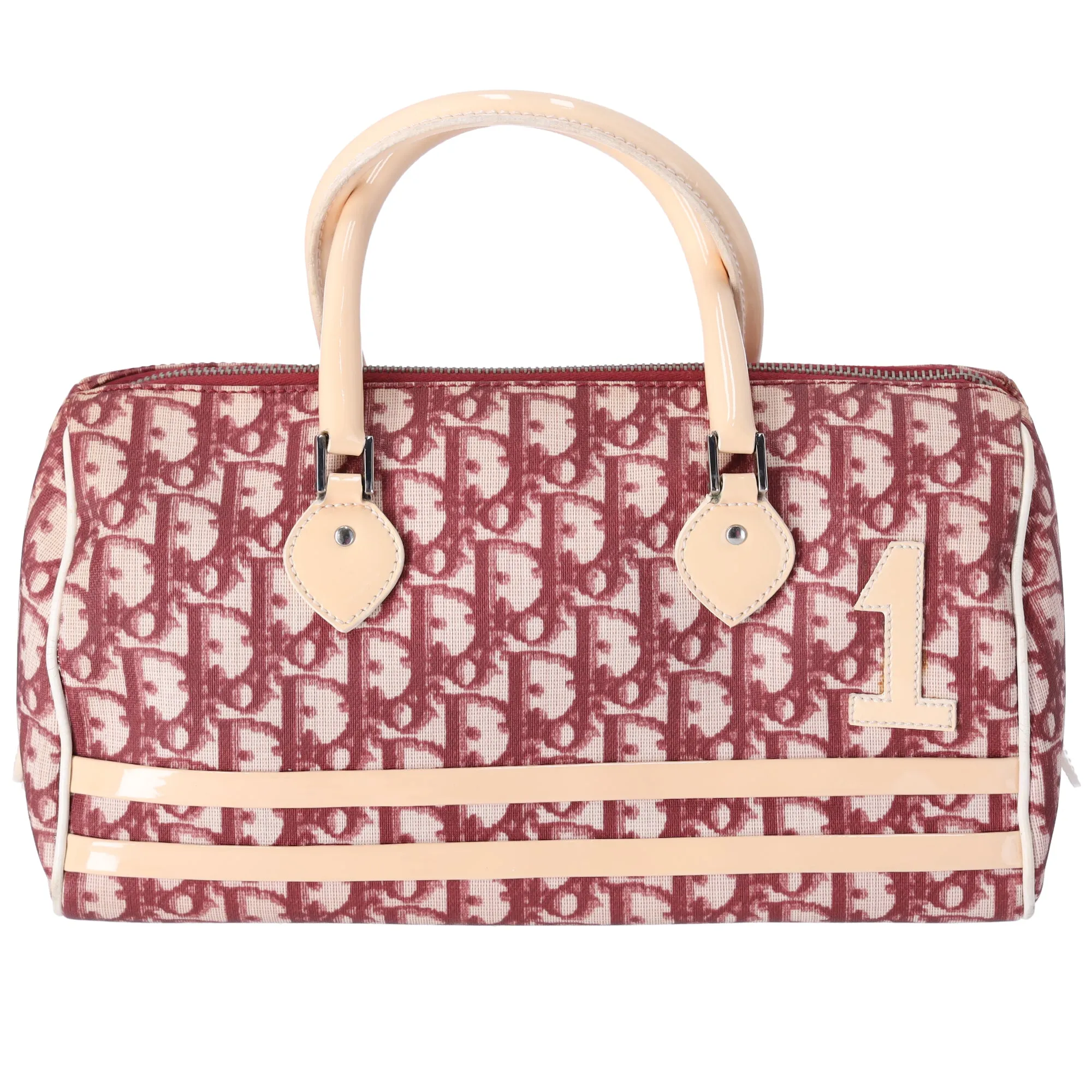 Christian Dior Trotter Handbag Bordeaux Cream PVC Patent Leather sold by Gaby's Bags