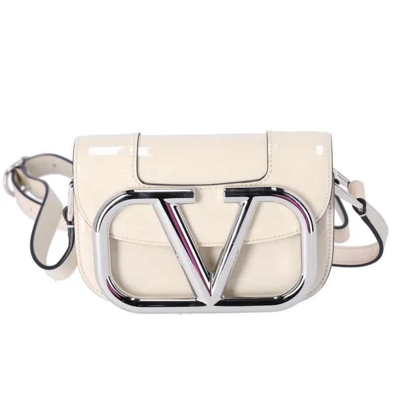 Valentino V logo Signature Shoulder Bag Cream Patent Leather sold by Gaby's Bags