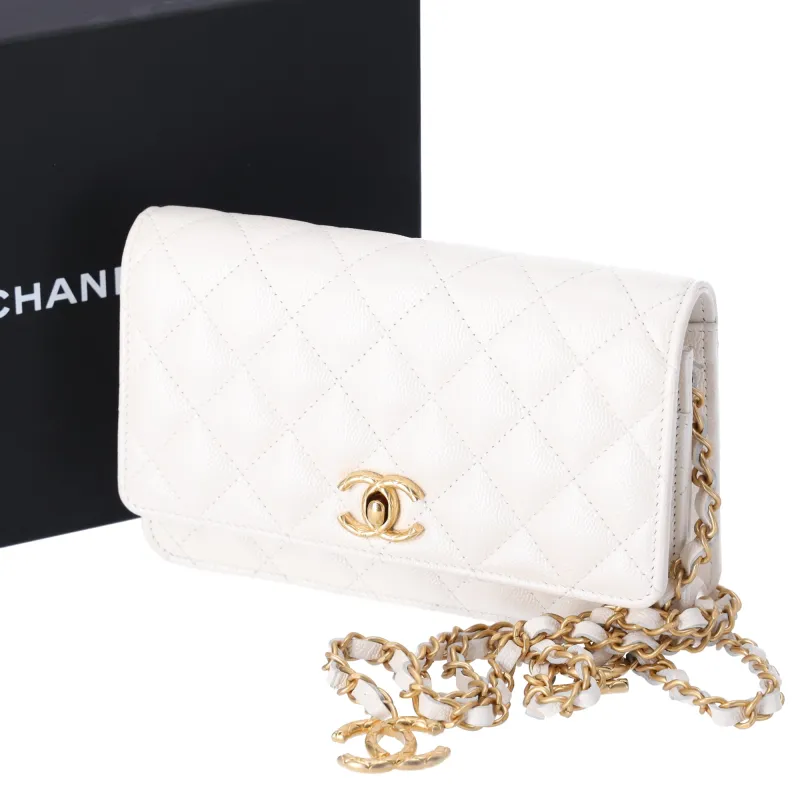 CHANEL Fit For You Wallet On Chain WOC Pearly Caviar Quilted Iridescent White sold by Gaby's Bags