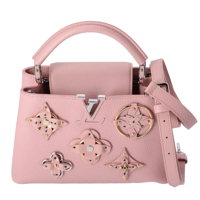 Louis Vuitton Capucines BB Handbag Magnolia Pink Mechanical 3D Flowers sold by Gaby's Bags