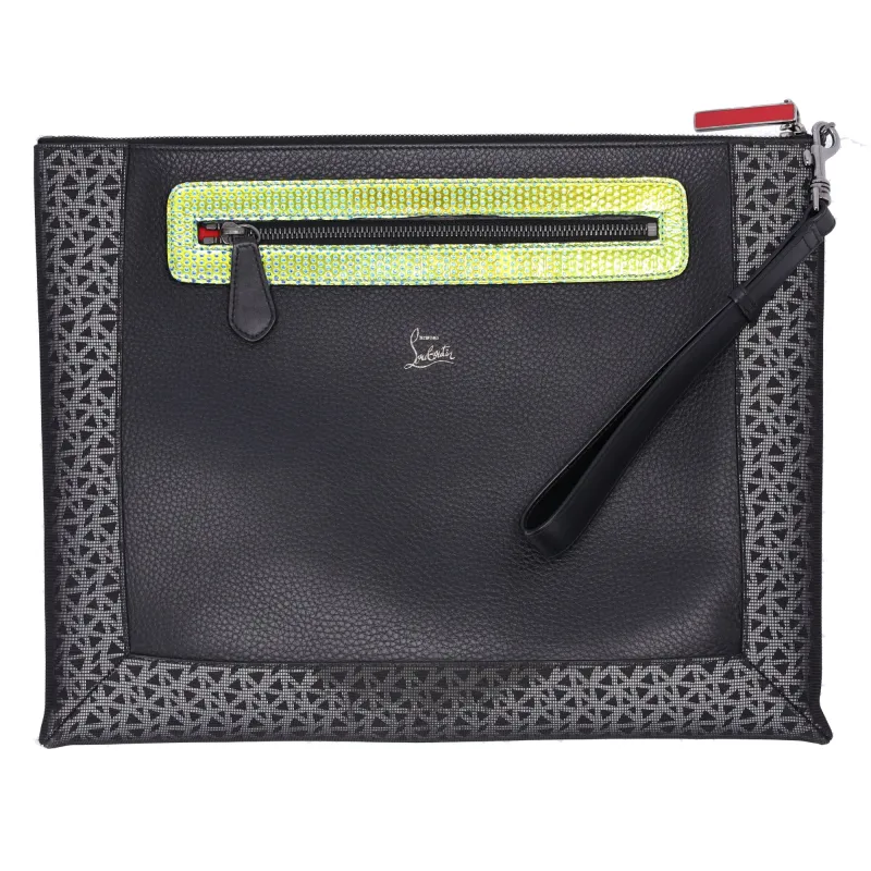 Christian Louboutin Peter Pouch Clutch Bag Black Yellow Fiber Leather sold by Gaby's Bags