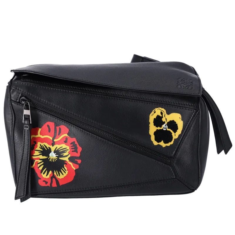 Loewe  Small Puzzle Bum Bag Calfskin Pansies Black Flowers sold by Gaby's Bags