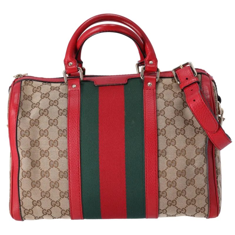 Gucci Sherry Medium Duffle Vintage Web Boston Bag GG Canvas Tan Red sold by Gaby's Bags