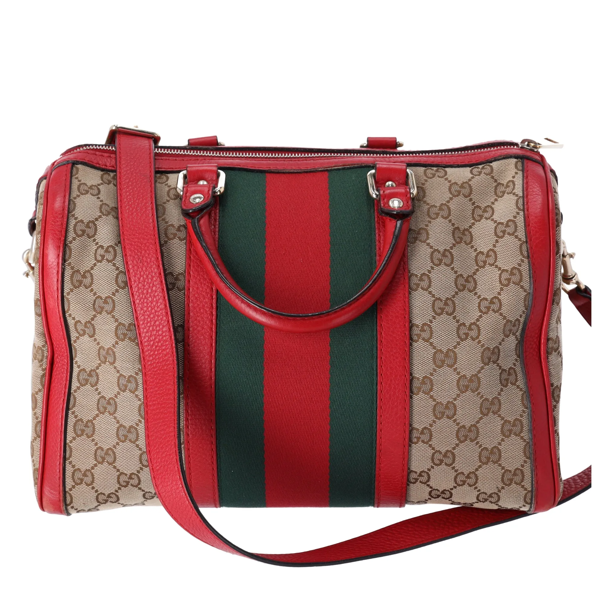 Gucci Sherry Medium Duffle Vintage Web Boston Bag GG Canvas Tan Red sold by Gaby's Bags product image thumbnail 3