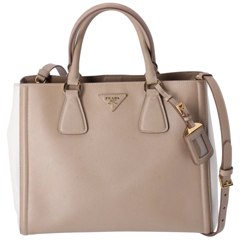 PRADA Triangle Logo Tote Bag Gray Beige White Saffiano Leather sold by Gaby's Bags