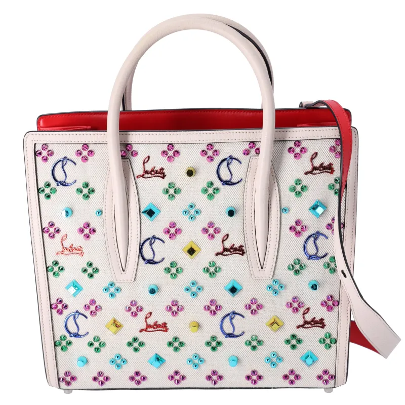 Christian Louboutin Loubinthesky Medium Paloma Satchel Canvas Spikes Ivory sold by Gaby's Bags