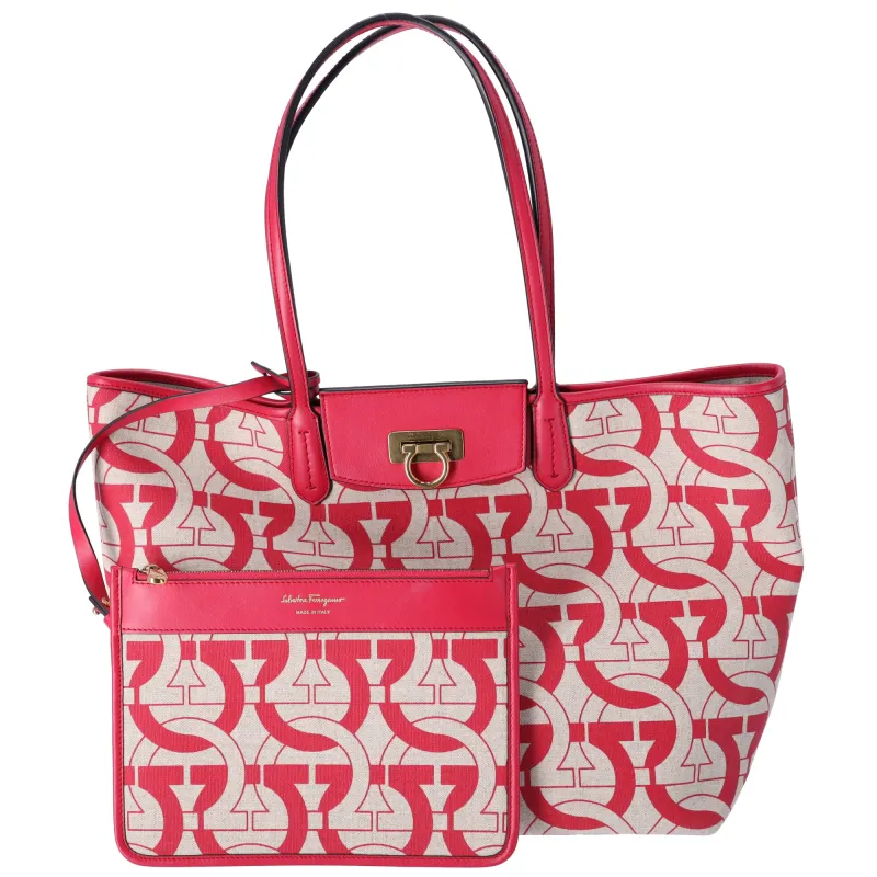 Salvatore Ferragamo Gancini Tote Bag Beige Red Canvas Leather sold by Gaby's Bags