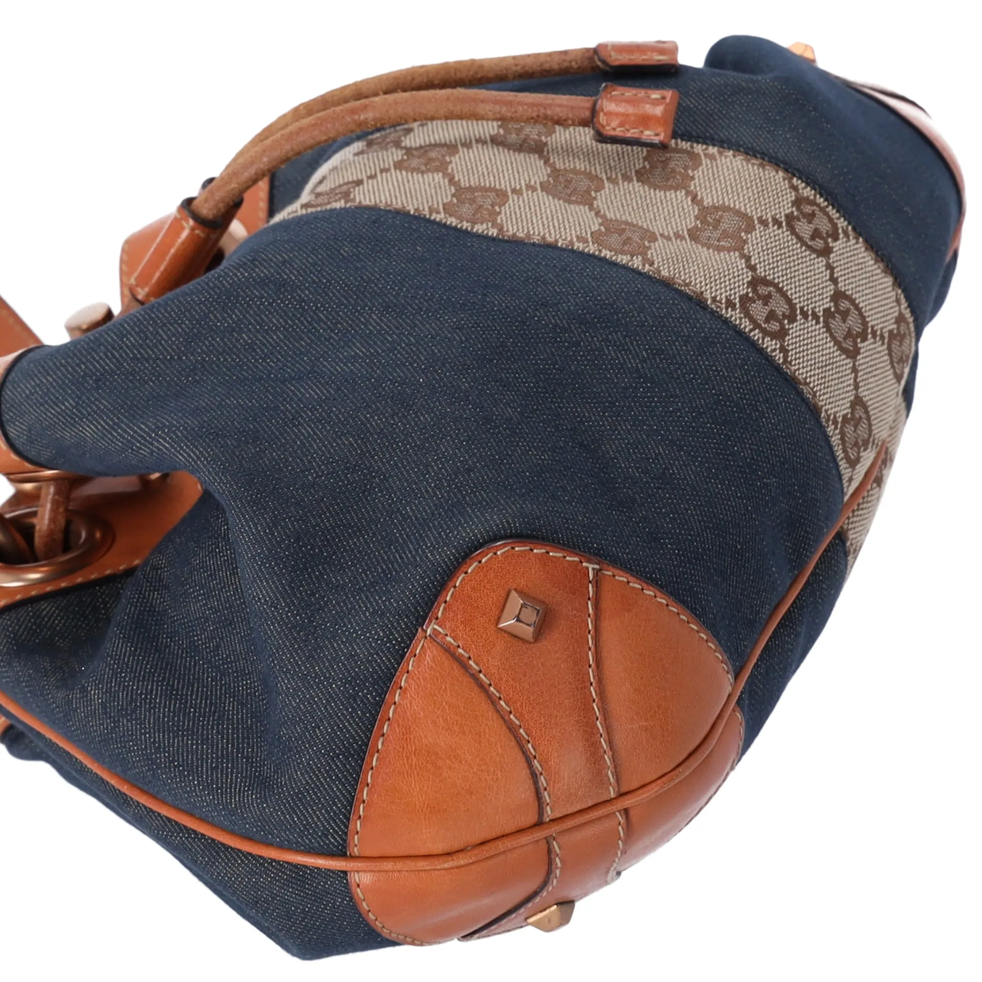 GUCCI GG Bucket Shoulder Bag 124386 Navy Brown Denim Jacquard Leather sold by Gaby's Bags product image thumbnail 4