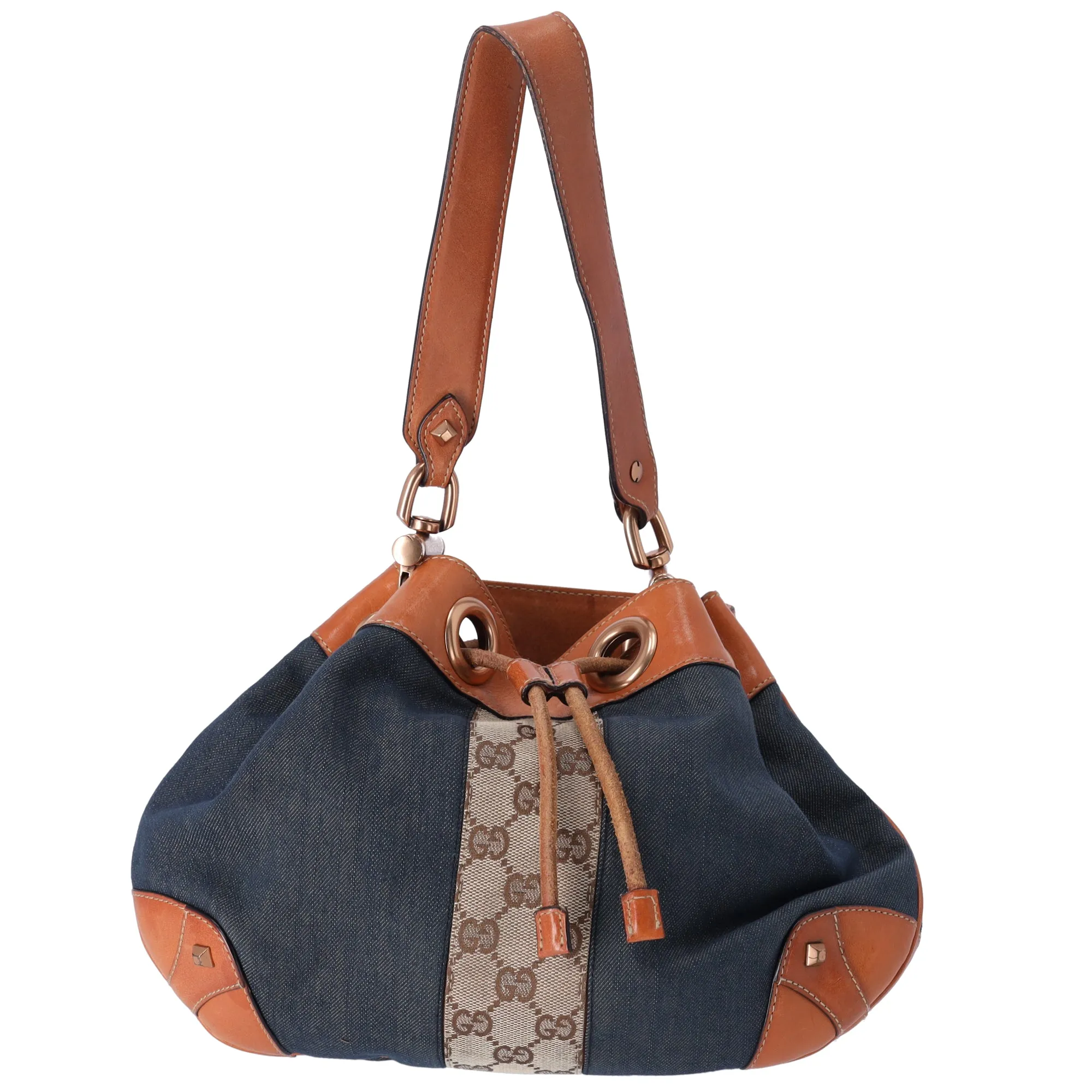 GUCCI GG Bucket Shoulder Bag 124386 Navy Brown Denim Jacquard Leather sold by Gaby's Bags