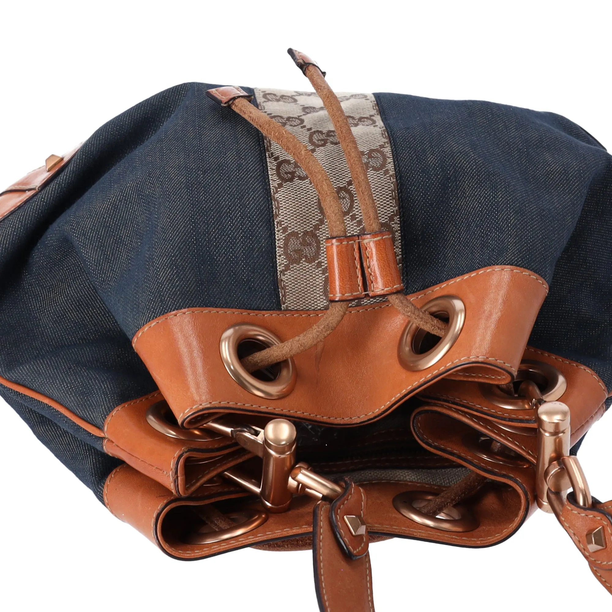GUCCI GG Bucket Shoulder Bag 124386 Navy Brown Denim Jacquard Leather sold by Gaby's Bags product image thumbnail 5