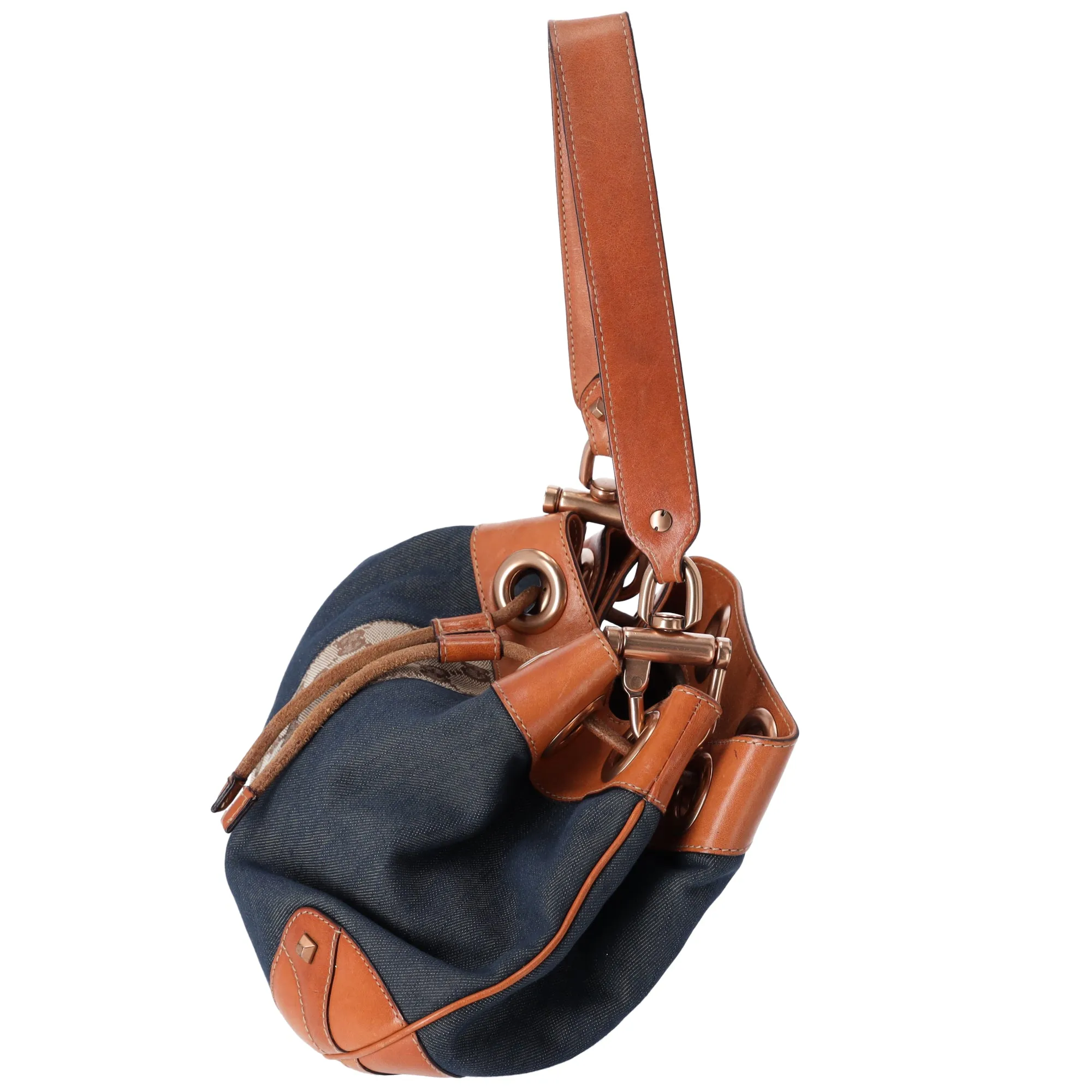 GUCCI GG Bucket Shoulder Bag 124386 Navy Brown Denim Jacquard Leather sold by Gaby's Bags product image thumbnail 2
