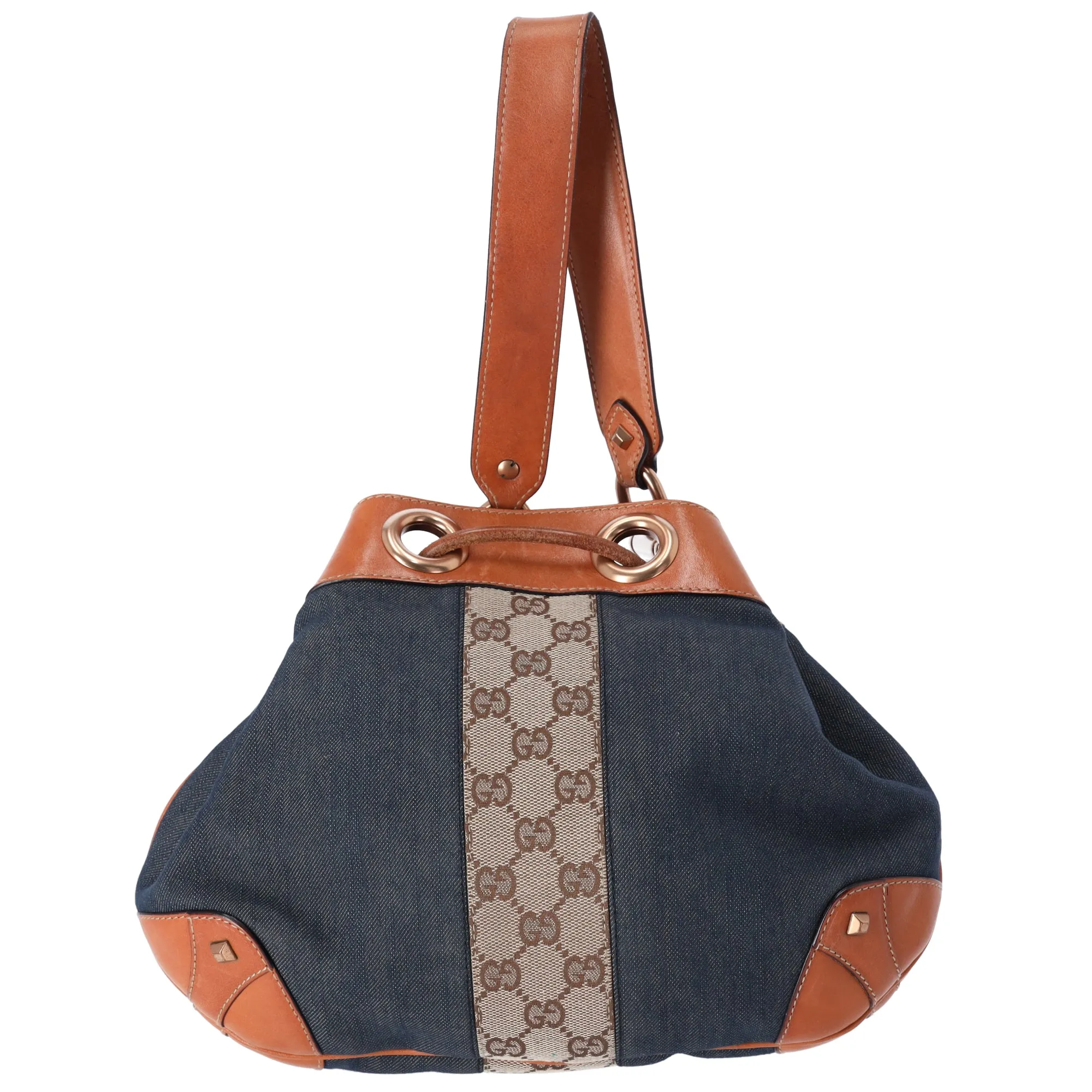 GUCCI GG Bucket Shoulder Bag 124386 Navy Brown Denim Jacquard Leather sold by Gaby's Bags product image thumbnail 3