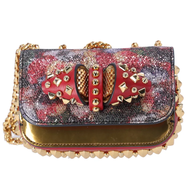 Christian Louboutin Sweet Charity Crossbody Red Gold Multi Glitter Bow sold by Gaby's Bags
