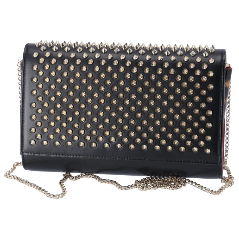 Christian Louboutin Paloma Clutch Crossbody Black Leather Leopard Studded sold by Gaby's Bags