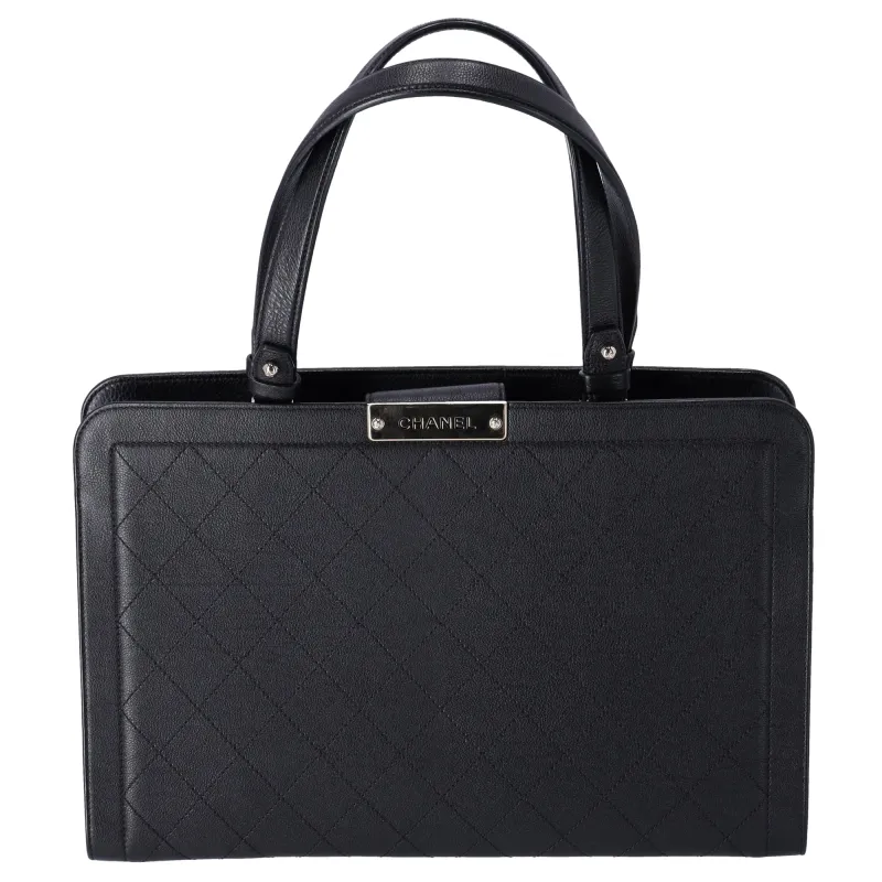 CHANEL Large Label Click Shopper Tote Black Stitched Grained Calfskin sold by Gaby's Bags