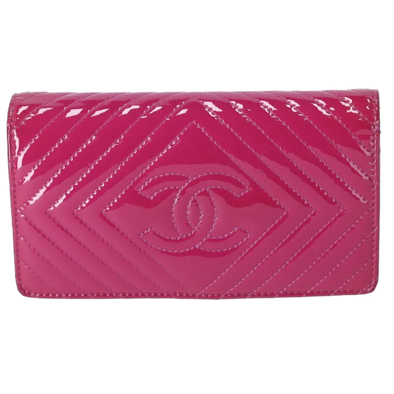 CHANEL V Stitch Chevron Long Bifold Wallet Pink Patent Leather sold by Gaby's Bags