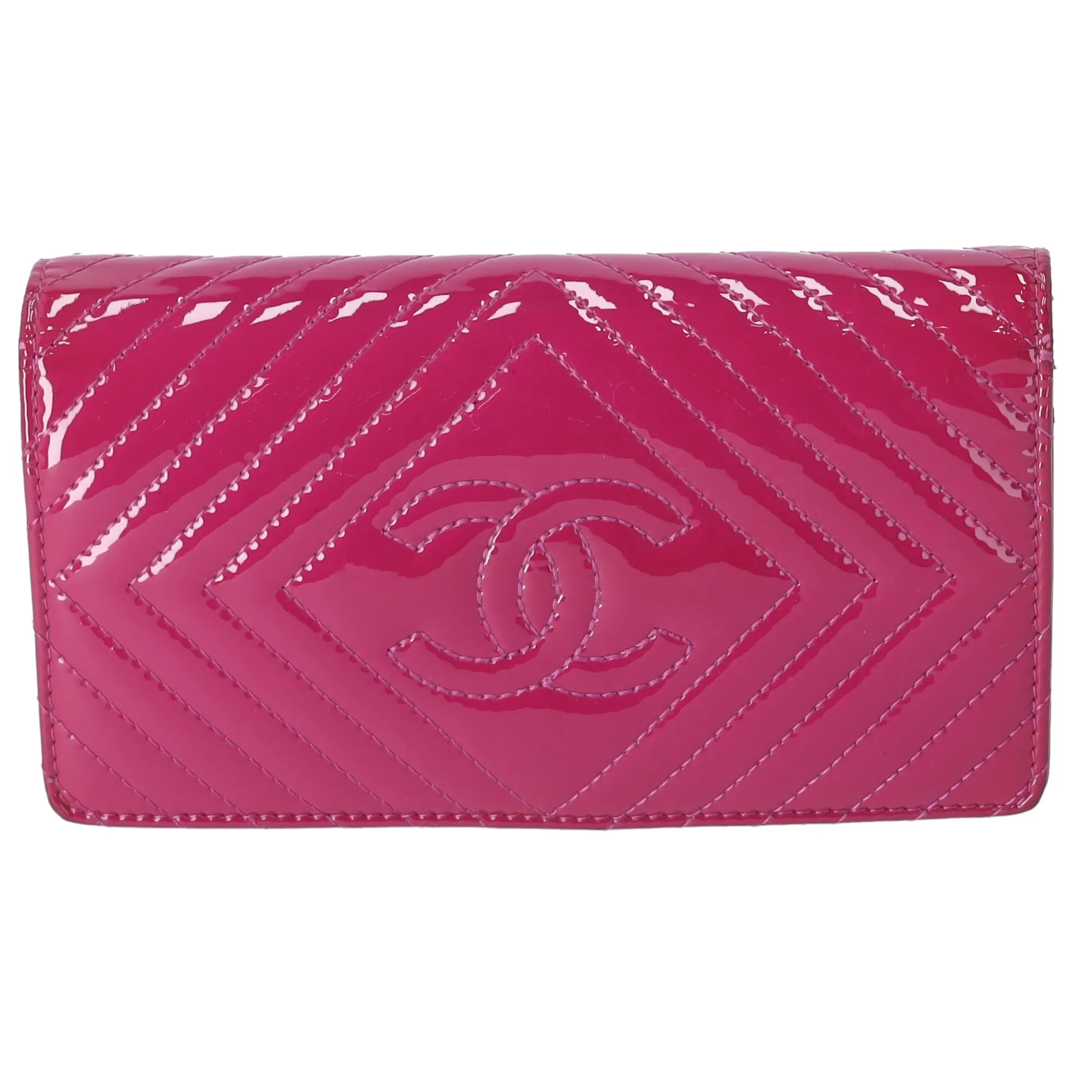 CHANEL V Stitch Chevron Long Bifold Wallet Pink Patent Leather sold by Gaby's Bags