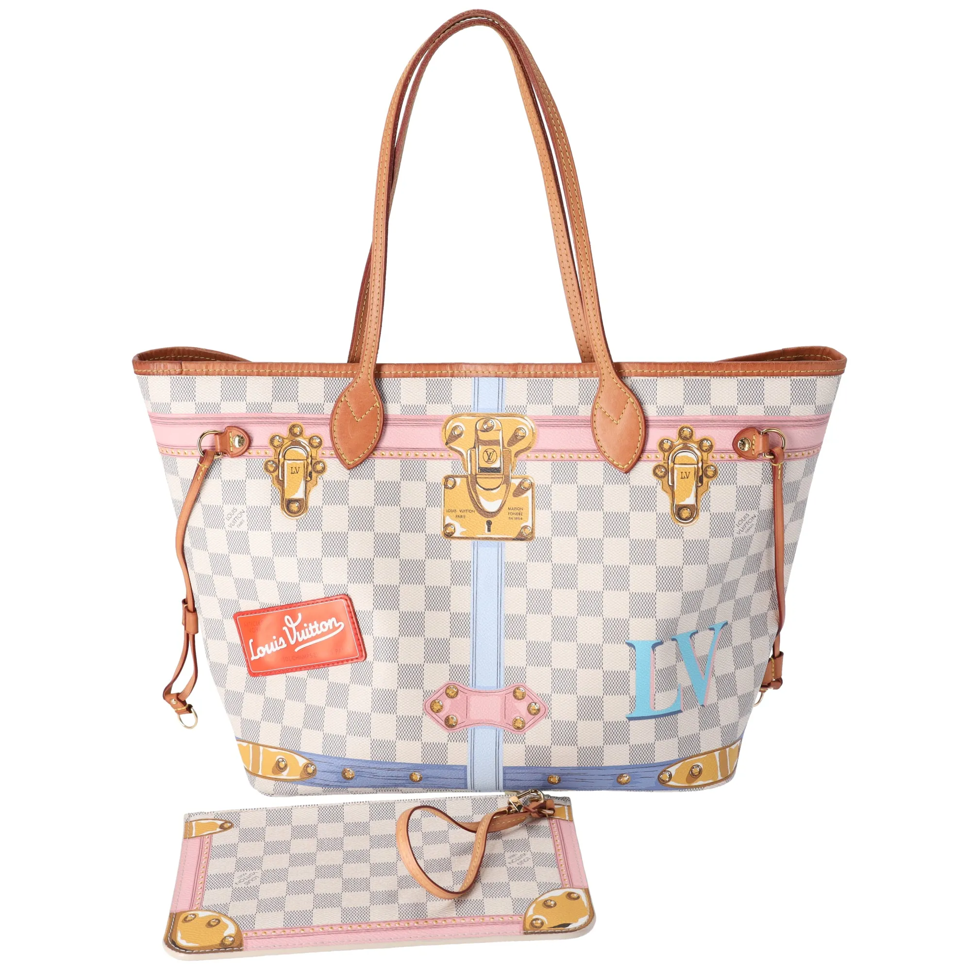 Louis Vuitton Neverfull MM Tote Multicolor Damier Azur N41065 Summer Truck sold by Gaby's Bags