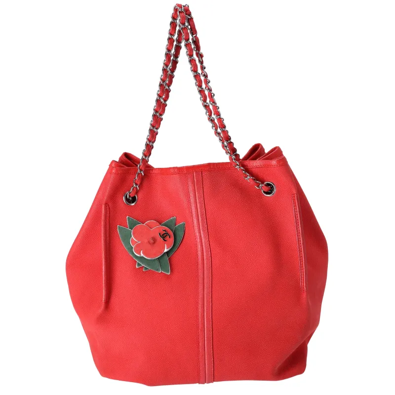 CHANEL Red Caviar Leather Camellia Drawstring Bag with Pouch made by Chanel