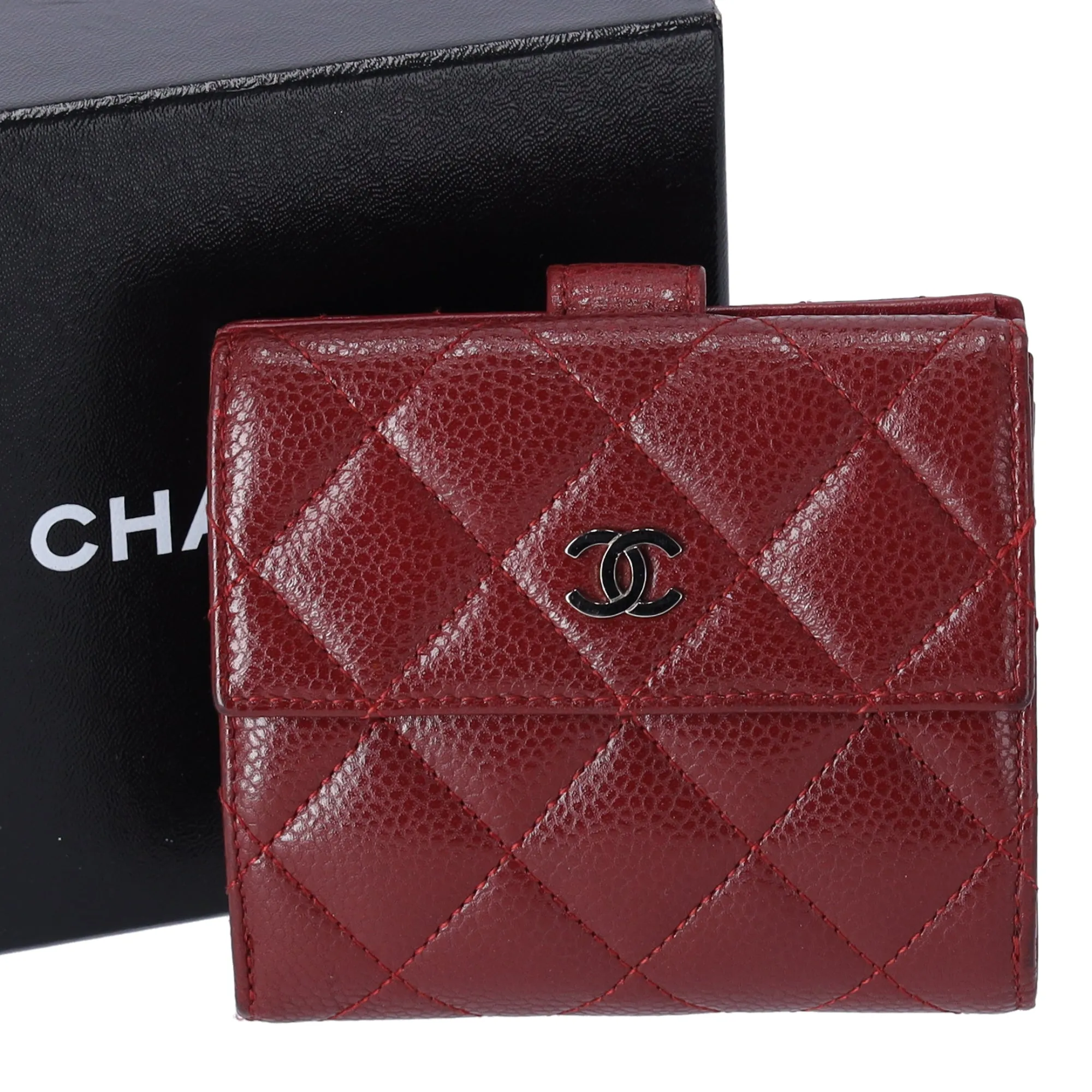 CHANEL Matelasse Trifold Wallet A48980 Bordeaux Caviar Leather sold by Gaby's Bags