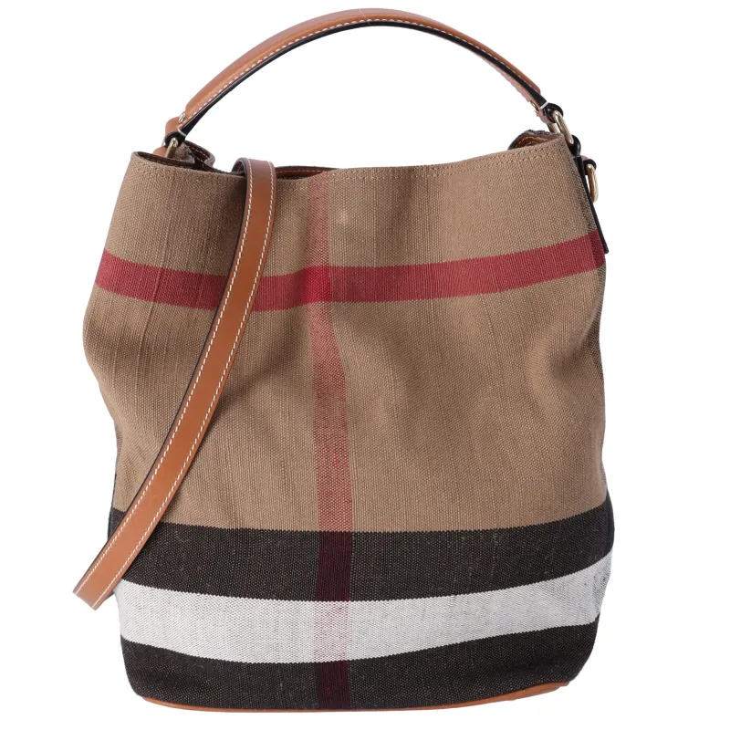 Burberry Ashby Medium Check Canvas Hobo Bag Brown Black sold by Gaby's Bags
