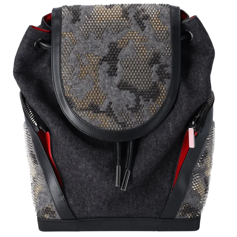 Christian Louboutin Explorer Funk Backpack Gray Black Red Wool Studded sold by Gaby's Bags