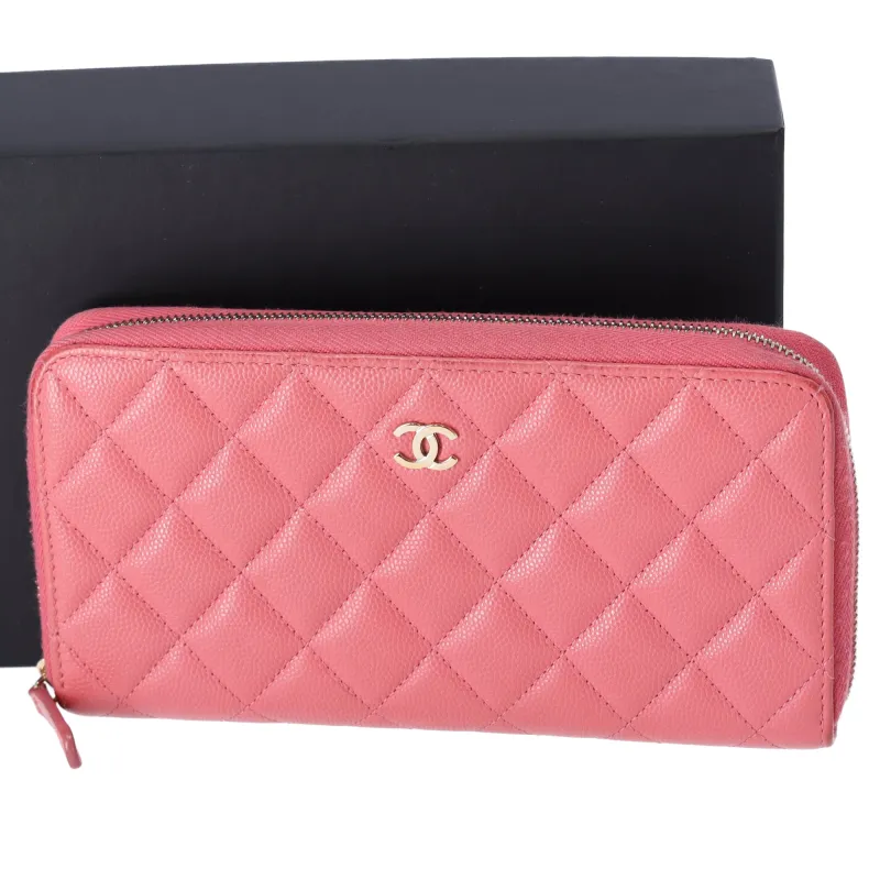 CHANEL Matelasse Long Zippy Wallet Pink Calfskin Caviar Leather sold by Gaby's Bags