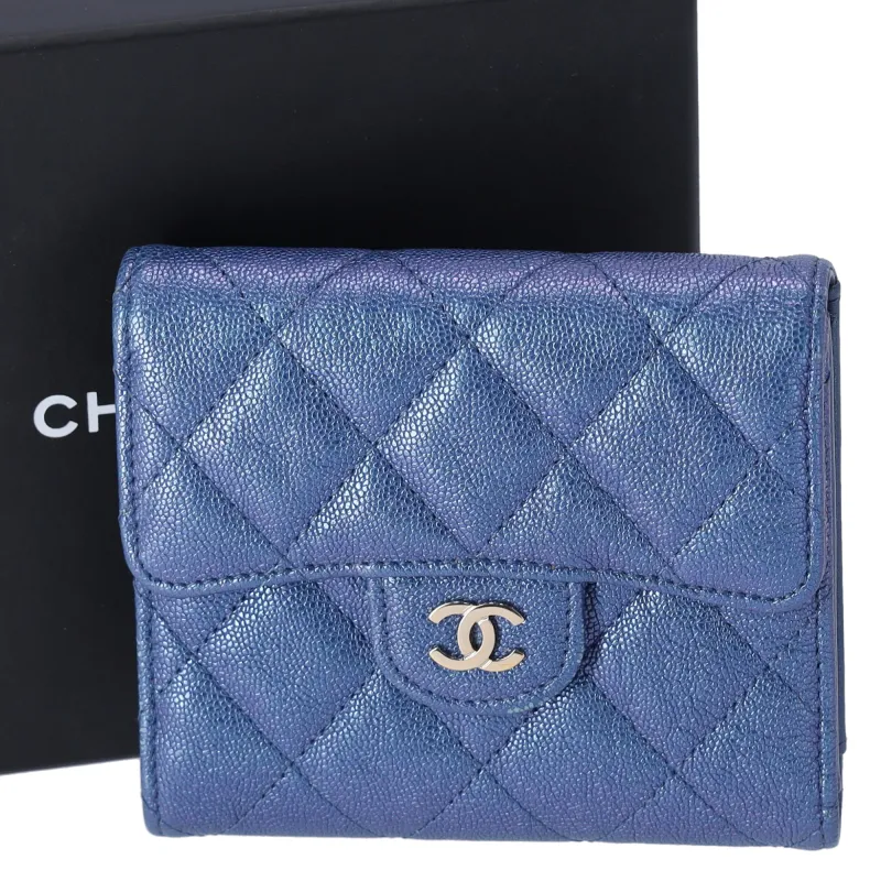 CHANEL Matelasse Trifold Wallet Iridescent Blue Caviar Leather made by Chanel