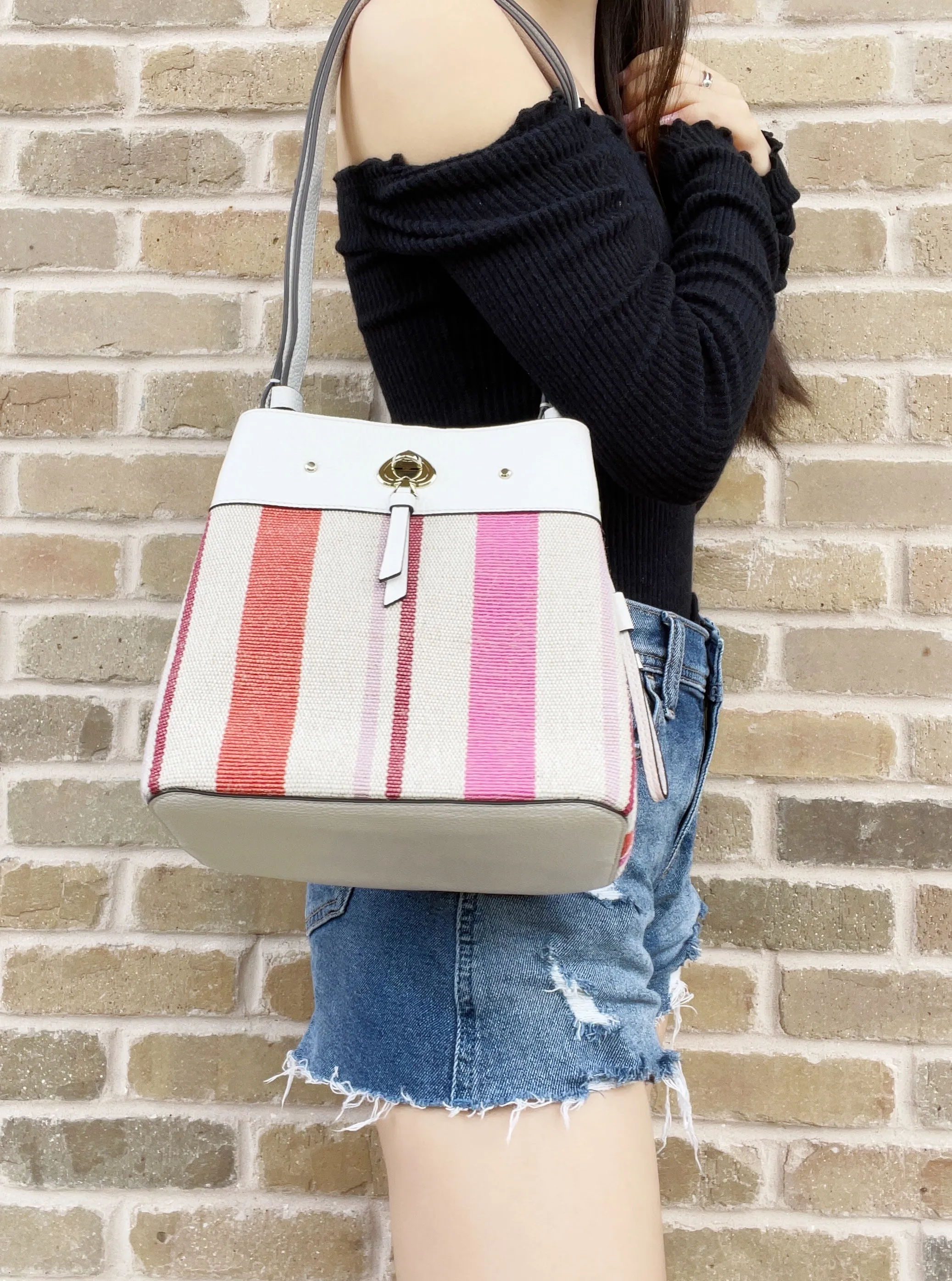 Kate Spade Stripe Appliqué Small Bucket Bag Shoulder Tote Crossbody Multi Color sold by Gaby's Bags product image thumbnail 4