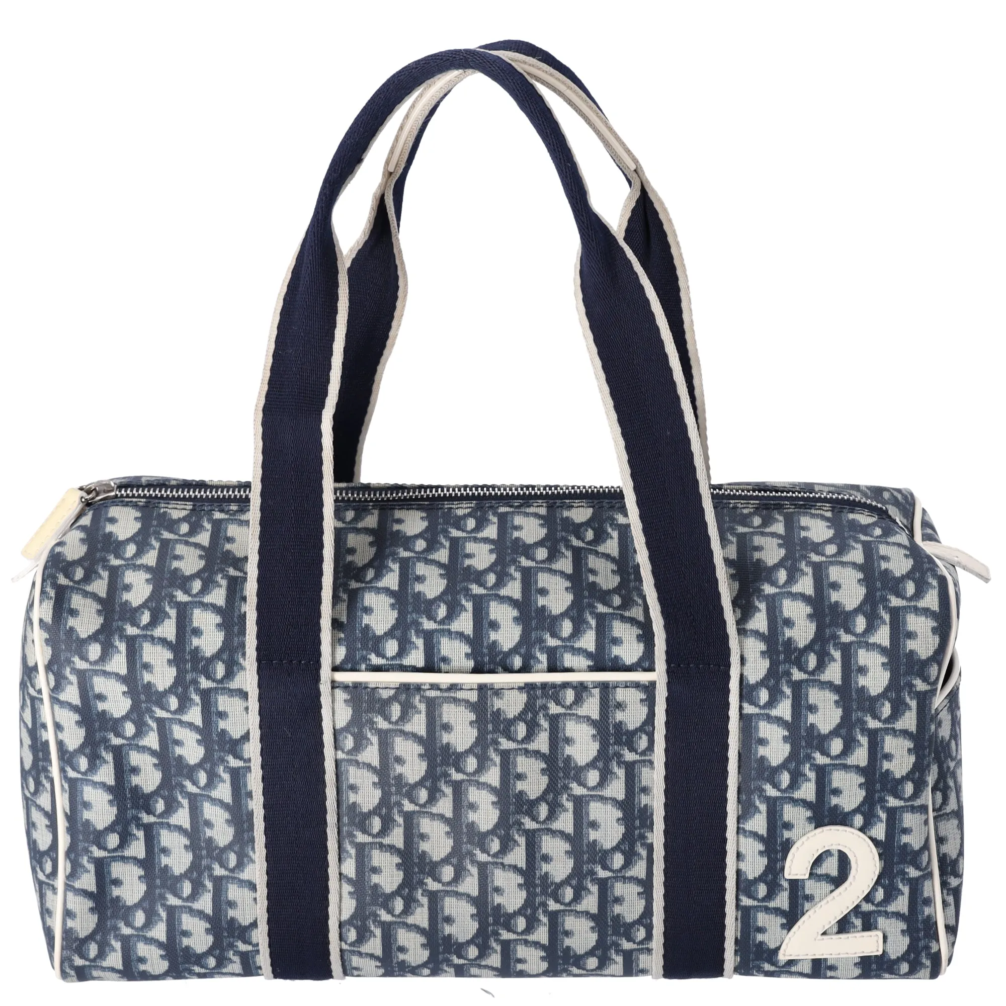 Christian Dior Trotter Boston Bag Light gray Navy Blue PVC Patent Leather sold by Gaby's Bags